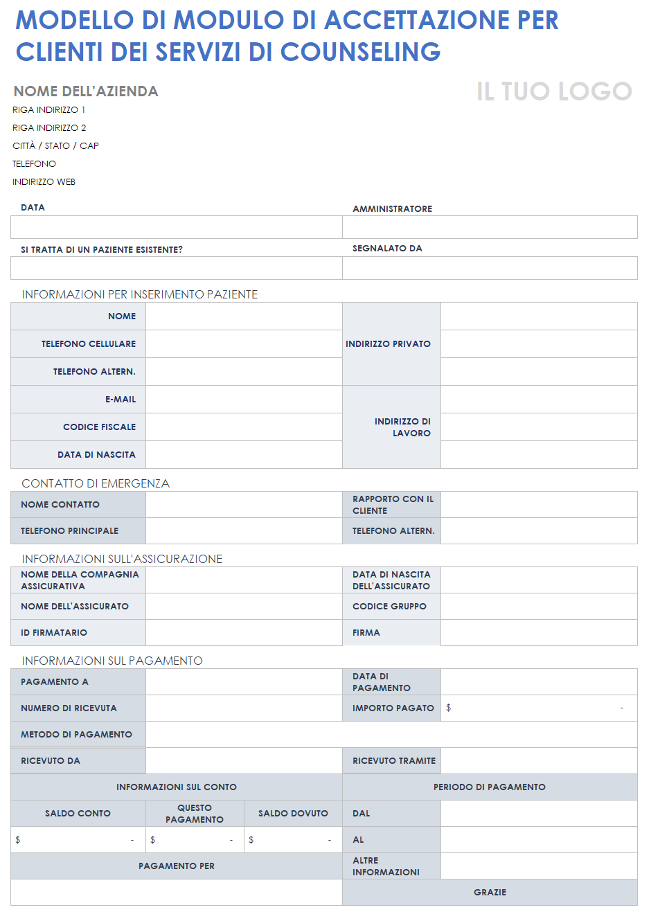 Modulo di assunzione del cliente di consulenza