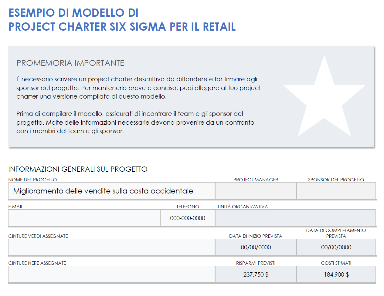 Esempio di Project Charter Six Sigma per la vendita al dettaglio