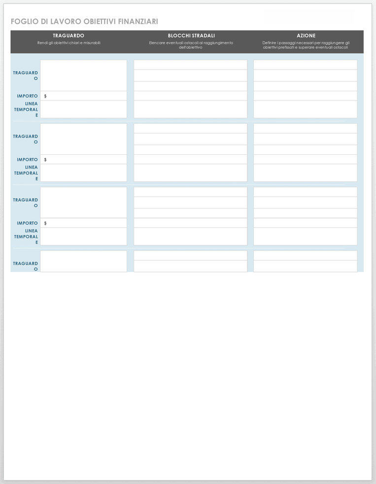 Foglio di lavoro Obiettivi finanziari Modello