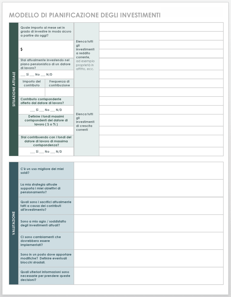 Modello di pianificazione degli investimenti