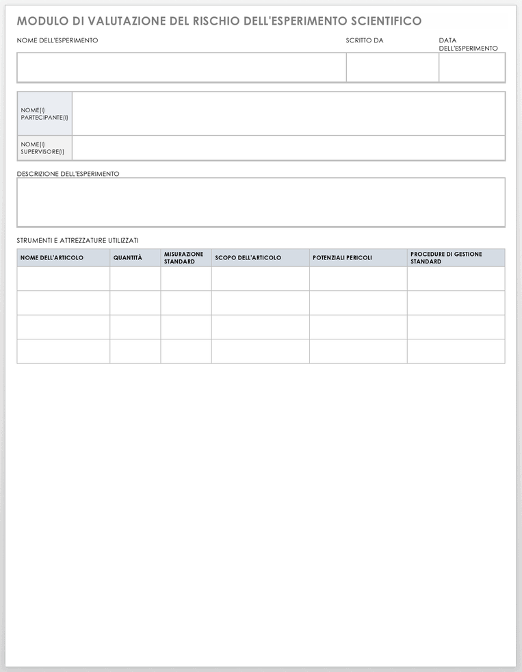 Modello di modulo di valutazione del rischio per esperimenti scientifici